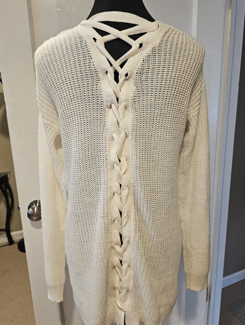 Moral Fiber Ivory Lace-Up Back Knit Cardigan